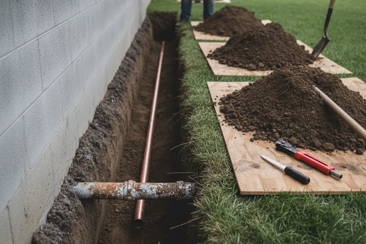 Excavated water line trench during Water Heater Repair in Akron